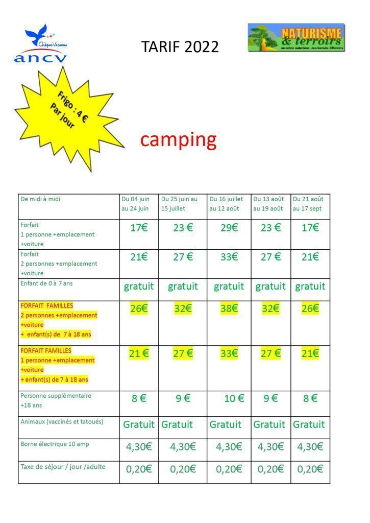 tarifs 2022 camping
